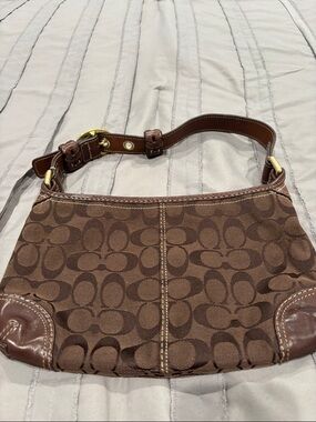 Coach Brown Signature Canvas Shoulder Hobo with Leather Trim